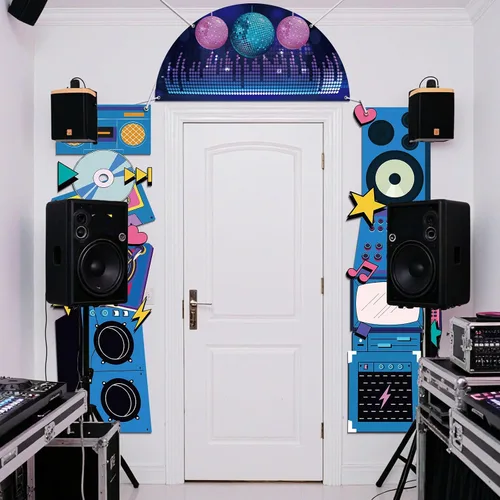 Vista 6 de Telón de fondo de discoteca para decoración de fiesta de cumpleaños, regreso a los años 80, 90, retro, para porche, radio, boombox, cabina de fotos