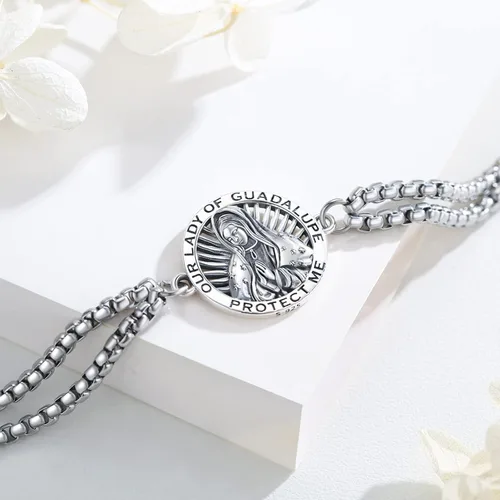 Vista 104 de Pulsera unisex de San Miguel/Cristóbal/Benedicto/Jude/José/Guadalupe/Ángel de la Guarda/Santa Muerte Pulsera de plata de ley 925 con cadena de doble