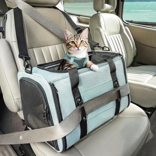 Vista 16 de PETSFIT Transportador de gatos de lados suaves con hebillas de seguridad patentadas, cremalleras bloqueables y correa de seguridad, transportador