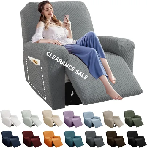 Vista 24 de YEMYHOM Funda elástica de 4 piezas para silla reclinable de jacquard con bolsillo lateral, antideslizante, ajustable, protector de muebles con parte