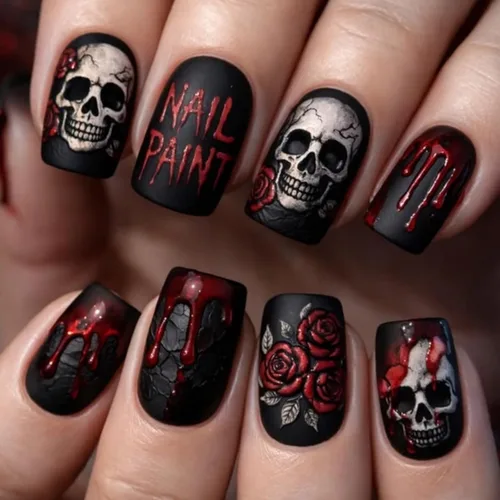 Vista 14 de Uñas postizas a presión para Halloween, cuadradas, cortas, con diseños de bosque lunar, uñas postizas con pegamento oscuro brillante en las uñas