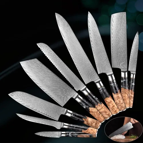 Vista 3 de ZZYY - Juego de cuchillos de cocina de acero de damasco, 9 piezas, cuchillo de chef japonés, cuchillo de cocina para pelar, mango de madera