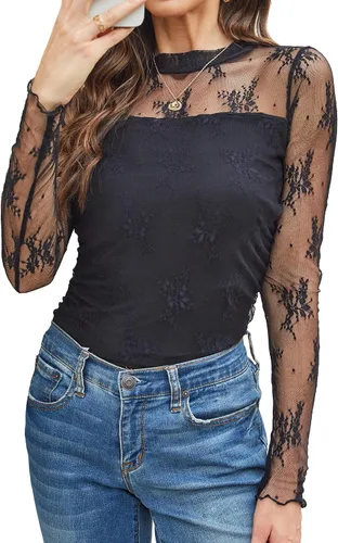 Vista 25 de Camisas de manga larga de malla sexy para mujer, ropa de moda, cuello de tortuga, drapeada, para salir, trajes de otoño, blusas ajustadas Negro
