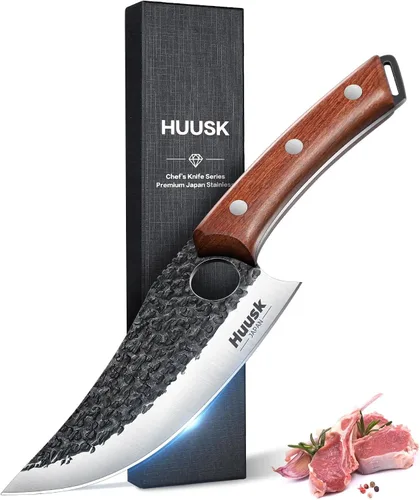 Vista 11 de Huusk Juego de 2 cuchillos vikingos japoneses para cortar carne, cuchillos forjados a mano con mango de madera, cuchillos japoneses de acero de alto