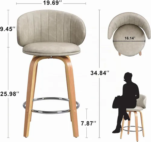 Vista 2 de Juego de 2 taburetes de bar modernos de madera curvada de mediados de siglo, taburetes giratorios de piel sintética con respaldo para encimera