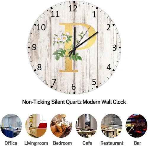 Vista 6 de Reloj de pared de madera para decoración del hogar, letra con monograma del alfabeto con inicial dorada, diseño floral blanco, retro, silencioso