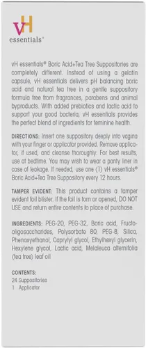 Vista 2 de vH Essentials Supositorios vaginales de ácido bórico y árbol de té, fórmula de prebióticos con ácido láctico, equilibrio de pH, control de olores