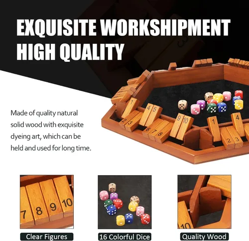 Vista 3 de TooyBing - Juego mejorado de dados Shut The Box, juego de mesa de madera para la familia de 1 a 6 jugadores para niños y adultos con 16 dados, juego