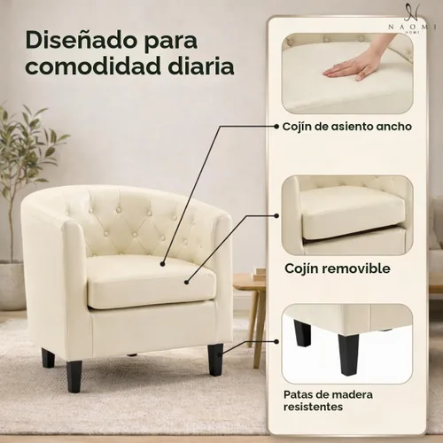 Vista 3 de Naomi Home Emma Faux Leather Tufted Barrel Accent Chair - Cream Solid wood frame, sturdy legs and easy-clean faux leather create lasting comfort for