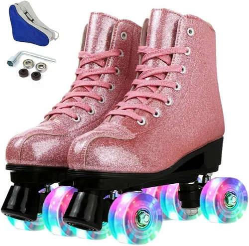 Vista 9 de XUDREZ Patines de ruedas para mujeres, patines de alta calidad holográficos de cuero de poliuretano, patines brillantes de doble fila de cuatro