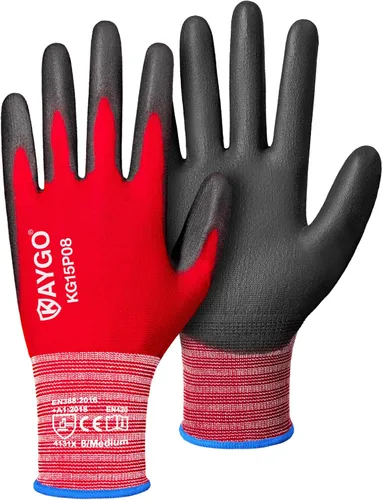 Vista 19 de KAYGO Guantes de trabajo con revestimiento de poliuretano 12 pares, KG15P, forro de nailon con revestimiento de poliuretano flexible, guantes