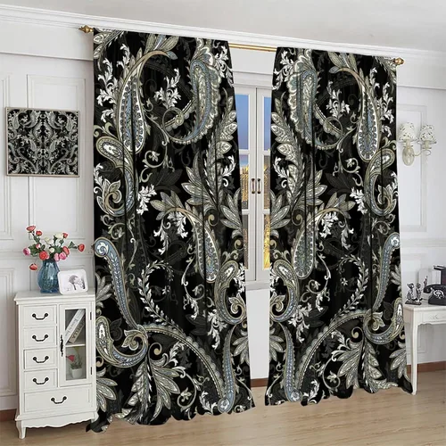 Vista 145 de Cortinas opacas con estampado de flores de cachemira, estampado de cachemira sobre fondo blanco, para decoración del hogar, cocina, restaurante