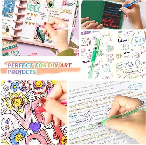 Vista 6 de Bolígrafos de gel con purpurina con estuche para libros de colorear para adultos, juego de 100 colores con purpurina con un 30% más de tinta de neón