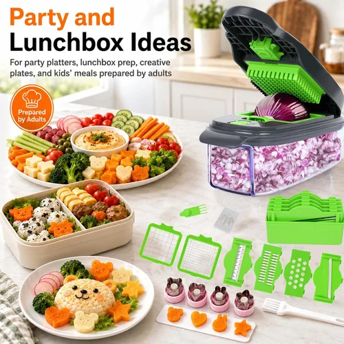 Vista 5 de Picador de verduras 13 en 1 Picador de cebolla · Picador de verduras con recipiente · Picador de ensalada · Cortador de patatas – Regalo