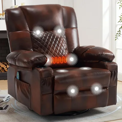 Vista 8 de Mecedora reclinable giratoria de piel sintética con portavasos para calor y masaje, silla mecedora con relleno, silla reclinable con calefacción