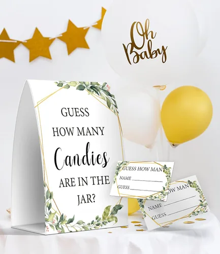 Vista 4 de Cuántos caramelos hay en el frasco, juegos de baby shower de vegetación, baby shower con temática de vegetación - un letrero y 50 tarjetas (GES05)