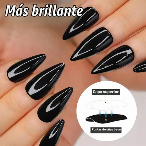 Vista 2 de morily 24 uñas postizas negras a presión, uñas postizas de aguja de longitud media, uñas postizas de almendra, uñas postizas largas acrílicas Negro