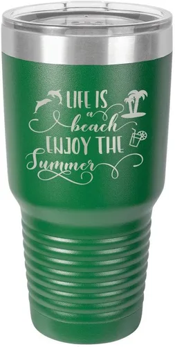 Vista 22 de La vida es una playa que disfruta el verano grabado de 30 oz vaso de acero con recubrimiento de polvo grabado láser taza de viaje de camello polar