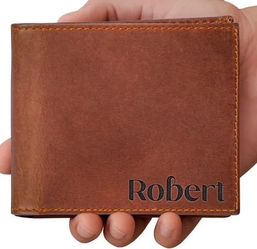 Vista 9 de Cartera personalizada para hombre, billetera de cuero genuino, carteras personalizadas para hombre, marido, papá, novio, novio, regalo para Marrón