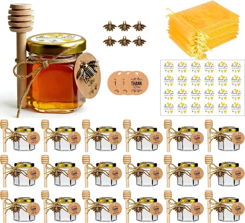 Vista 11 de Mini tarros de miel, 1.5 onzas de cristal hexagonal con goteros, abalorios de abeja, bolsas de regalo de organza y calcomanías, perfecto