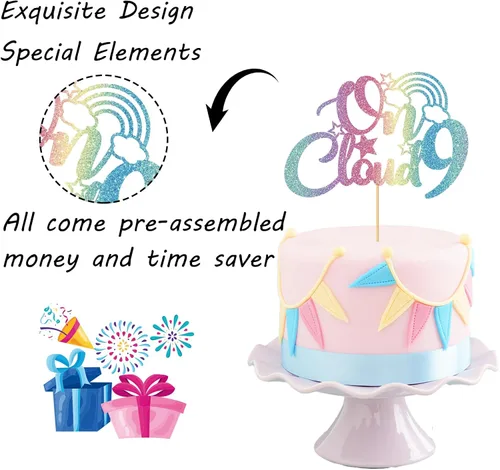 Vista 3 de On Cloud 9 - Decoración para tartas de 9 años de niña y niño, letrero con texto en inglés "I I'm Nine Cloud", decoración de pasteles para fiesta