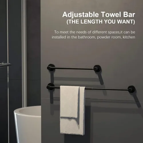 Vista 4 de Toallero de baño ajustable negro mate de 16 a 27.6 pulgadas, toallero individual de acero inoxidable 304, soporte para toallas montado en la pared