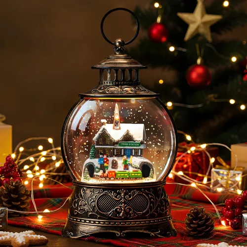 Vista 10 de Linterna de globo de nieve de Navidad con agua con escena de jengibre, funciona con batería o USB, luz musical iluminada, decoración festiva