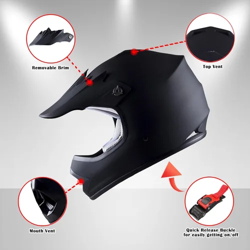 Vista 3 de 1Storm - Casco de motocross para jóvenes y niños, color negro mate + gafas + paquete de guantes negros para jóvenes MG