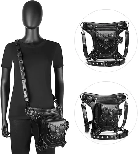 Vista 4 de Steampunk - Riñonera de piel gótica con diseño de calavera bandolera cruzada con hombros y muslos y caderas para mujeres y hombres WP-BG097BK