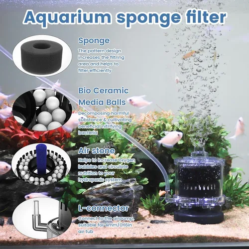 Vista 4 de AQQA Filtro de acuario para acuario, filtro de esponja para pecera impulsado por aire, para filtros sumergibles ultra silenciosos de 20 a 110