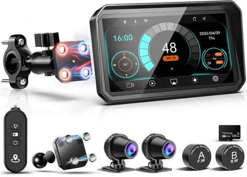 Vista 10 de LBW 2026 - GPS CarPlay para motocicleta de 6 pulgadas con Android Auto inalámbrico, doble cámara de tablero 2K, sistema de navegación, impermeable