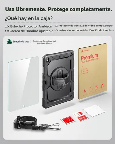Vista 8 de Ambison - Funda protectora para iPad de 9ª/8ª/7ª generación de 10,2 pulgadas, color negro Hand Strap, 9H Tempered Glass Screen Protector, Rotating
