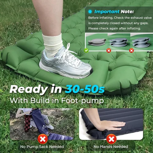 Vista 3 de Colchoneta de dormir inflable de 4 pulgadas de grosor con almohada ajustable y bomba de pie integrada, colchón de aire ligero para acampar con Verde