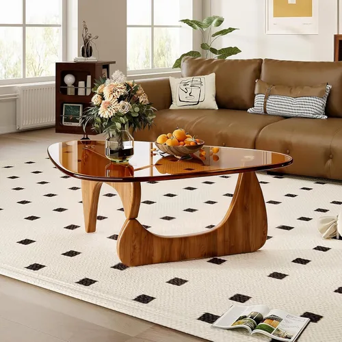 Vista 8 de Mesa de centro moderna para sala de estar, mesa central negra minimalista de 35.8 pulgadas con vidrio templado triangular y patas sólidas