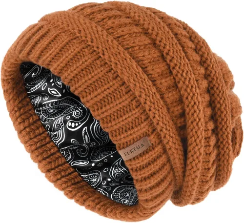 Vista 24 de FURTALK Gorro de invierno para mujer, con forro de satén, tejido trenzado, grueso, holgado, gorro cálido