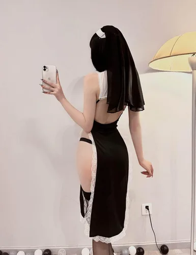 Vista 2 de Unibaby Disfraz de monja para mujer, lencería sexy de monja, vestido de fiesta de Halloween, disfraz para adultos con sombrero de monja