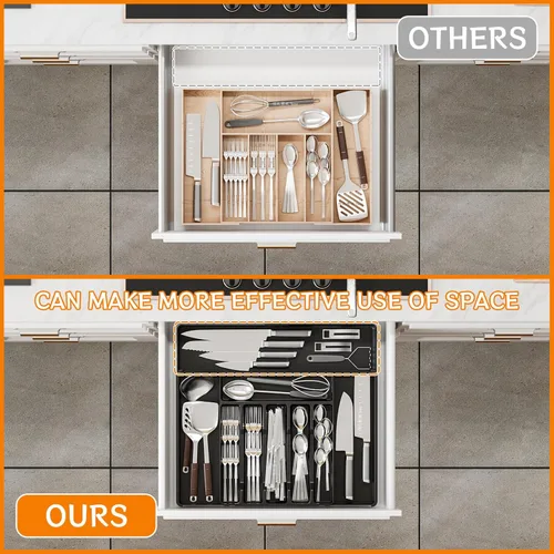 Vista 2 de Organizadores expandibles de cubiertos para cajones de cocina, gran organizador de cubiertos sin BPA para cajones, organizador de utensilios