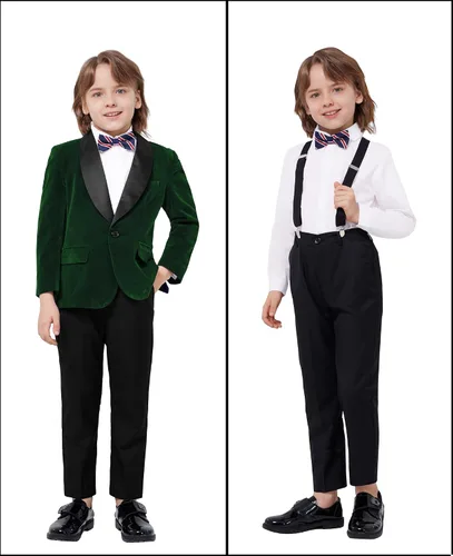 Vista 5 de MAGE MALE Traje de terciopelo de 3 piezas para niños, conjunto de chaqueta de varios colores para boda, graduación, fiesta, esmoquin con tirantes