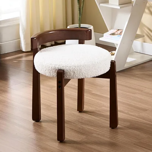 Vista 14 de HEAH-YO - Silla de tocador de madera con respaldo, pequeño taburete con reposapiés tapizado en lino, silla de maquillaje de estilo moderno