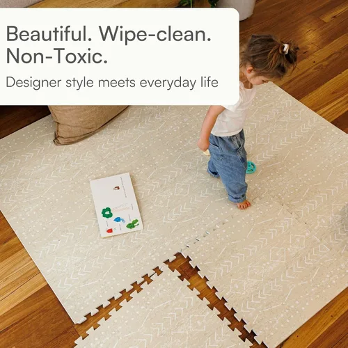 Vista 5 de Alfombra de juego Lillefolk para bebés para el piso – 4x6 pies Beige Azulejos suaves de espuma EVA no tóxicos premium para tiempo de barriga