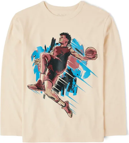 Vista 20 de The Children's Place Boys' Dinos,Cars,Sports Long Sleeve Graphic T-Shirts Jugador de Bball Jump
