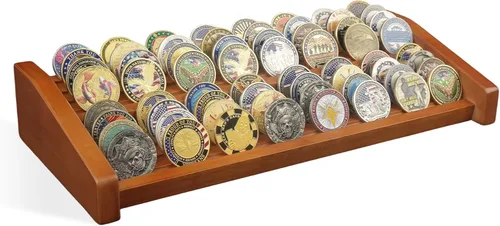Vista 10 de Challenge - Soporte de exhibición de monedas, 12 filas de madera maciza, soporte militar para monedas con capacidad para 80-100 monedas, estante
