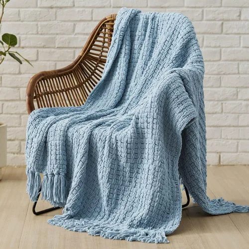 Vista 2 de Bedsure - Mantas de punto azules para sofá - Manta tejida de chenilla gruesa con textura - Manta decorativa boho súper suave y cálida con borlas