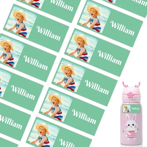 Vista 16 de 78 etiquetas personalizadas para niños con fotos impermeables, etiquetas de nombre personalizadas para suministros escolares, guardería, botellas
