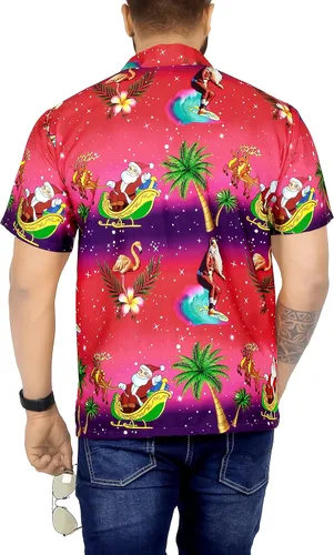 Vista 4 de LA LEELA Camisa de vestir de manga corta para hombre, diseño de Papá Noel, para vacaciones, hawaiano, de Navidad, para hombre
