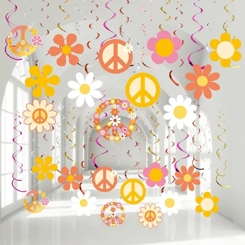Vista 9 de Outus Decoraciones de fiesta de cumpleaños con temática hippie de los años 60 y 70, decoraciones de espirales de aluminio de los años 60 y 70