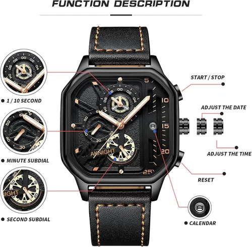 Vista 2 de BY BENYAR AKNIGHT Men's Square Watches with Black Leather Strap, Chronograph Function, Stylish Business Watch, Waterproof Luminous Casual Wrist