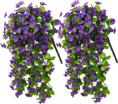 Vista 10 de Flores artificiales colgantes falsas para decoración de otoño al aire libre, 2 piezas de seda sintética violeta, aspecto resistente a los rayos UV A