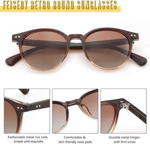 Vista 4 de FEISEDY Gafas de sol polarizadas redondas retro para mujeres y hombres, sombras de moda círculo de sol B2808