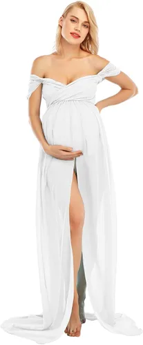 Vista 4 de ZIUMUDY Vestido de gasa de maternidad con hombros descubiertos para sesión de fotos, vestido largo de encaje frontal dividido para fotografía
